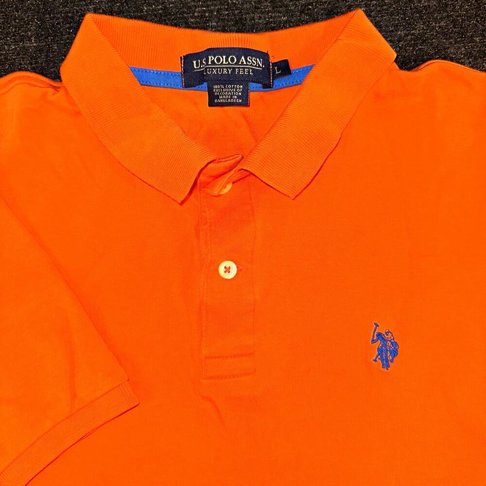 US Polo Assn Shirt Mens Large L Orange Luxury Feel Short Sleeve Solid Polo Blue